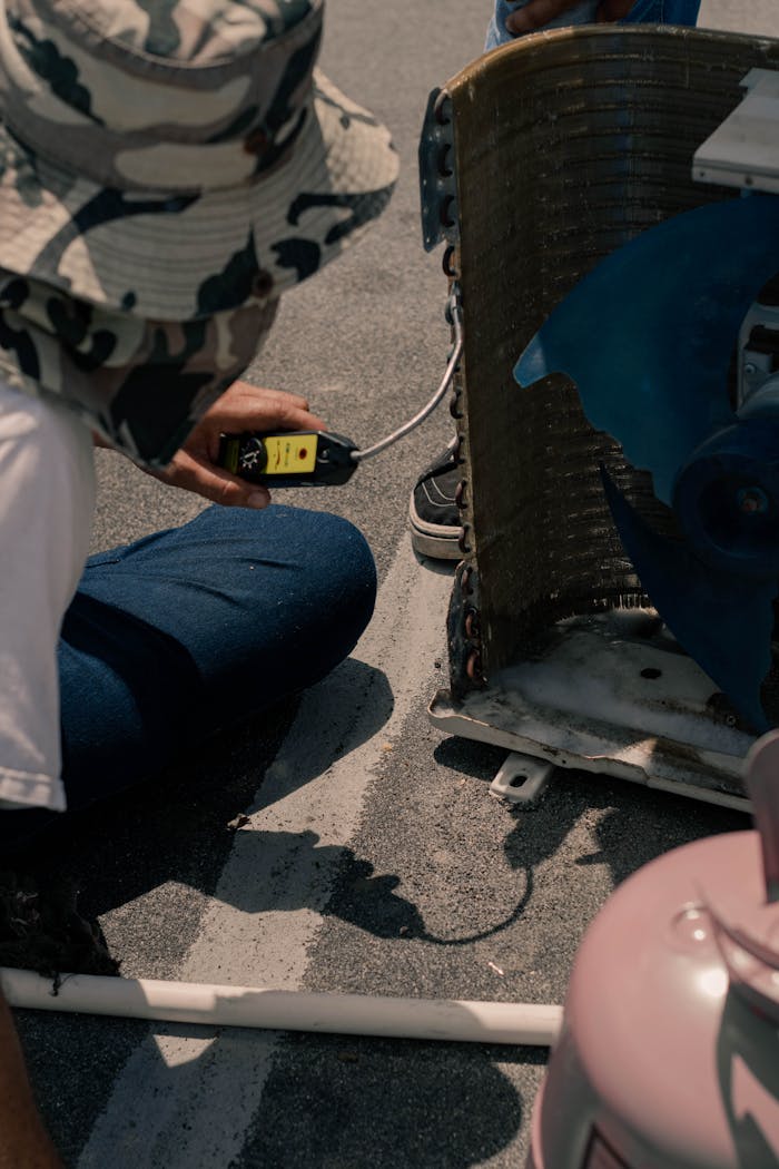 gallery-5 A technician tests an air conditioning unit with a multimeter outdoors on a sunny day.